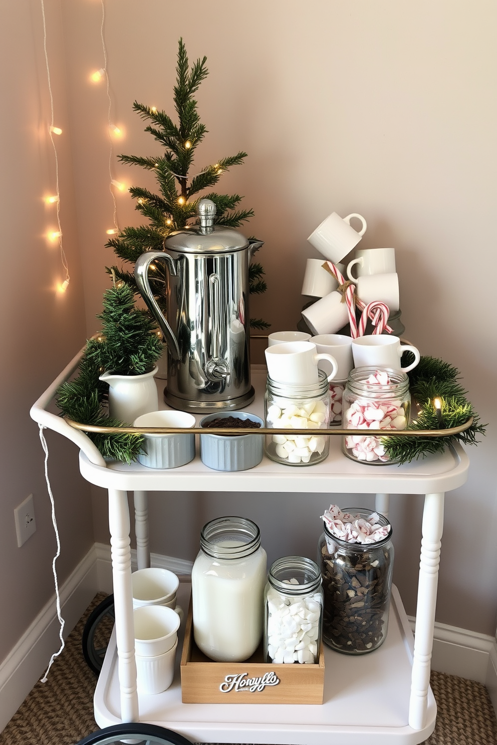 Create a cozy hot cocoa station on a stylish cart. The cart is adorned with festive decorations, including twinkling fairy lights and a small evergreen tree. On top of the cart, there are various mugs arranged neatly alongside a vintage cocoa pot. A selection of toppings like marshmallows, peppermint sticks, and chocolate shavings is beautifully displayed in glass jars.