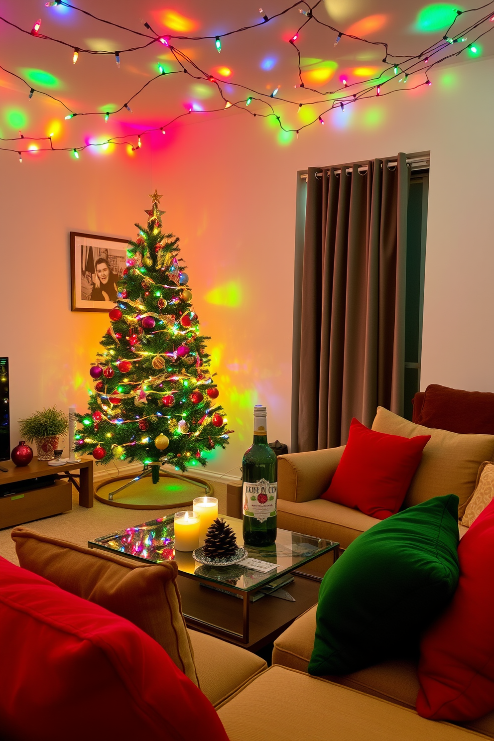 A cozy apartment living room adorned with colorful string lights draped across the ceiling, casting a warm and cheerful glow throughout the space. A beautifully decorated Christmas tree stands in the corner, adorned with vibrant ornaments and twinkling lights, creating a festive focal point. The coffee table is set with holiday-themed decorations, including candles and a small arrangement of pinecones and berries. Plush throw pillows in red and green hues are scattered across the sofa, inviting guests to relax and enjoy the holiday spirit.