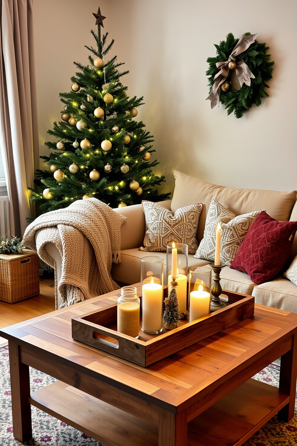 A cozy apartment living room adorned with vintage ornaments for a charming Christmas atmosphere. The space features a beautifully decorated evergreen tree in the corner, adorned with antique glass baubles and twinkling fairy lights. A plush, oversized sofa is draped with a warm, knitted throw and accented with festive cushions. On the coffee table, a collection of vintage candle holders and a rustic wooden tray filled with seasonal treats create a welcoming centerpiece.