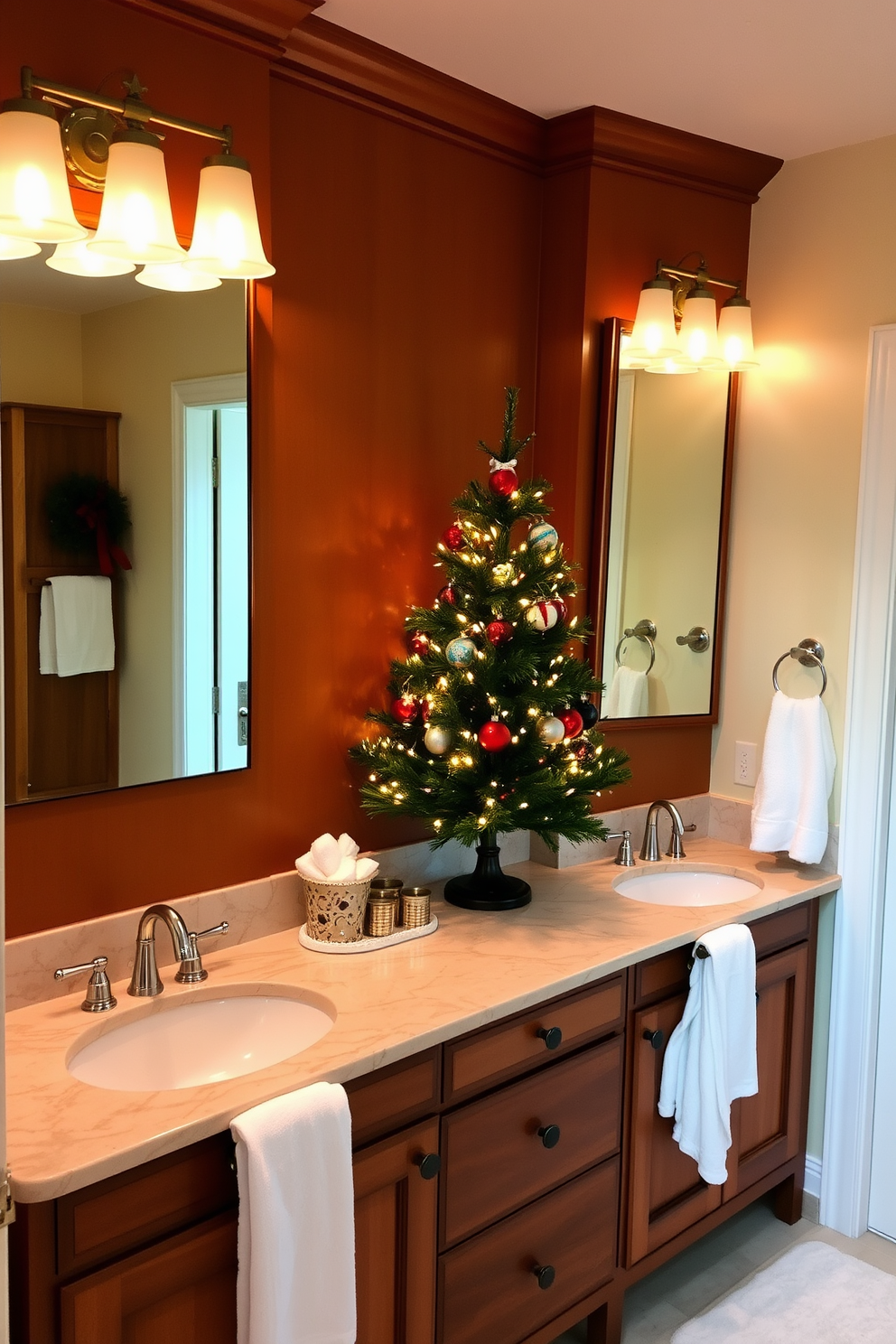 A cozy bathroom setting adorned for the holidays. A small Christmas tree is placed in the corner, decorated with twinkling lights and colorful ornaments. The wooden vanity features a marble countertop with two sinks and elegant rectangular mirrors above. Soft white towels hang from the sink faucets, complementing the festive atmosphere.