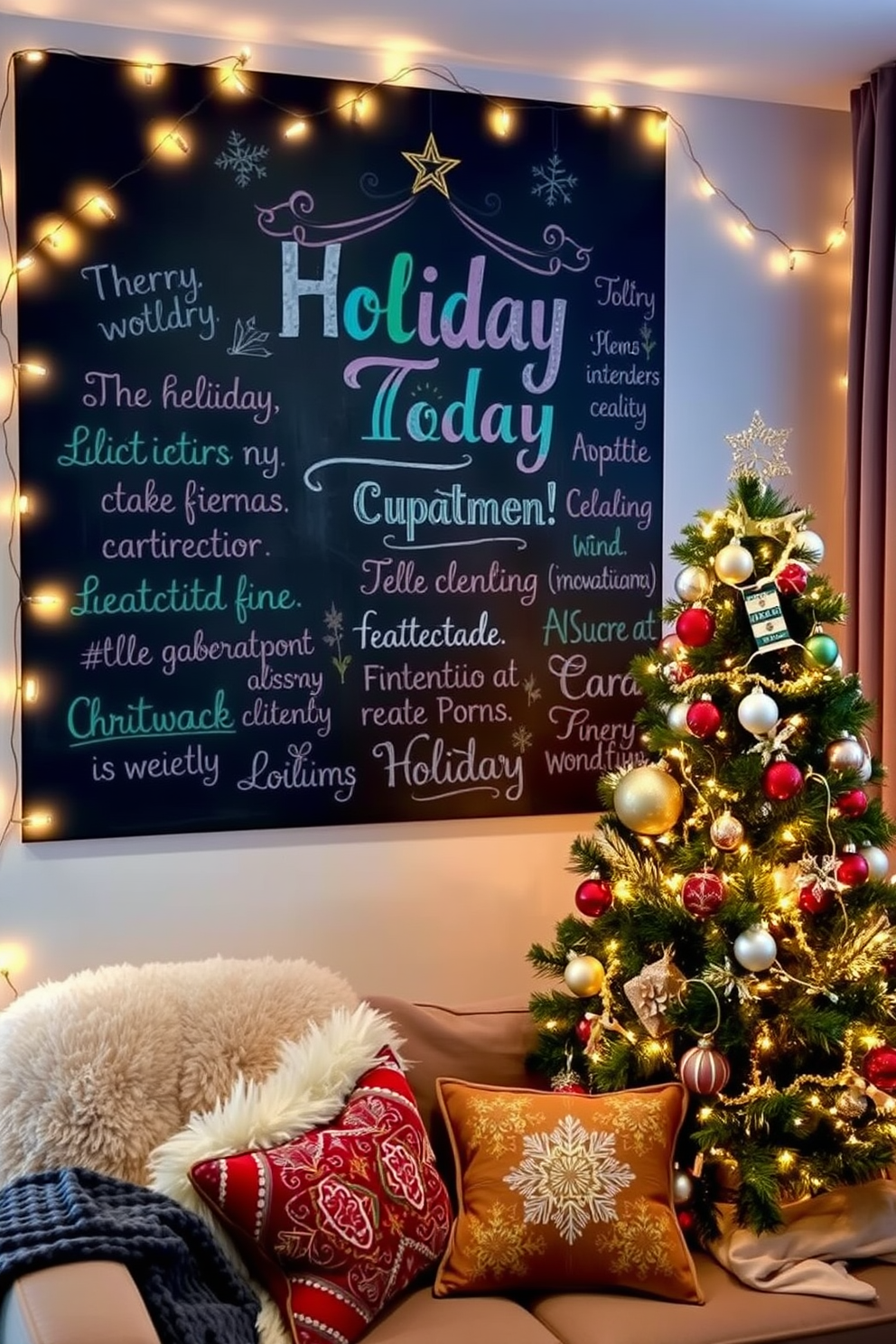 A large chalkboard is mounted on the wall, adorned with festive holiday messages in colorful chalk. Surrounding the chalkboard, twinkling string lights create a warm and inviting atmosphere, enhancing the holiday spirit. The apartment features a cozy living area decorated with a beautifully adorned Christmas tree, complete with shimmering ornaments and a star on top. Plush throw blankets and seasonal cushions are arranged on the sofa, inviting relaxation and celebration.