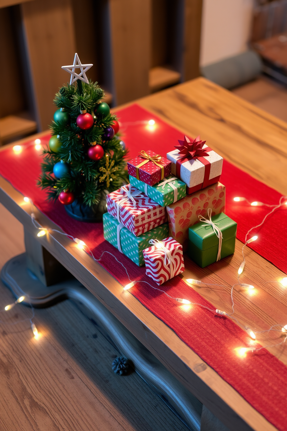 A charming mini gift display is arranged on a rustic wooden table. The table is adorned with a festive red and green table runner, and small wrapped gifts of various sizes are stacked creatively. Surrounding the gifts are twinkling fairy lights that add a warm glow to the setting. A small evergreen tree sits to one side, decorated with colorful ornaments and a star on top.