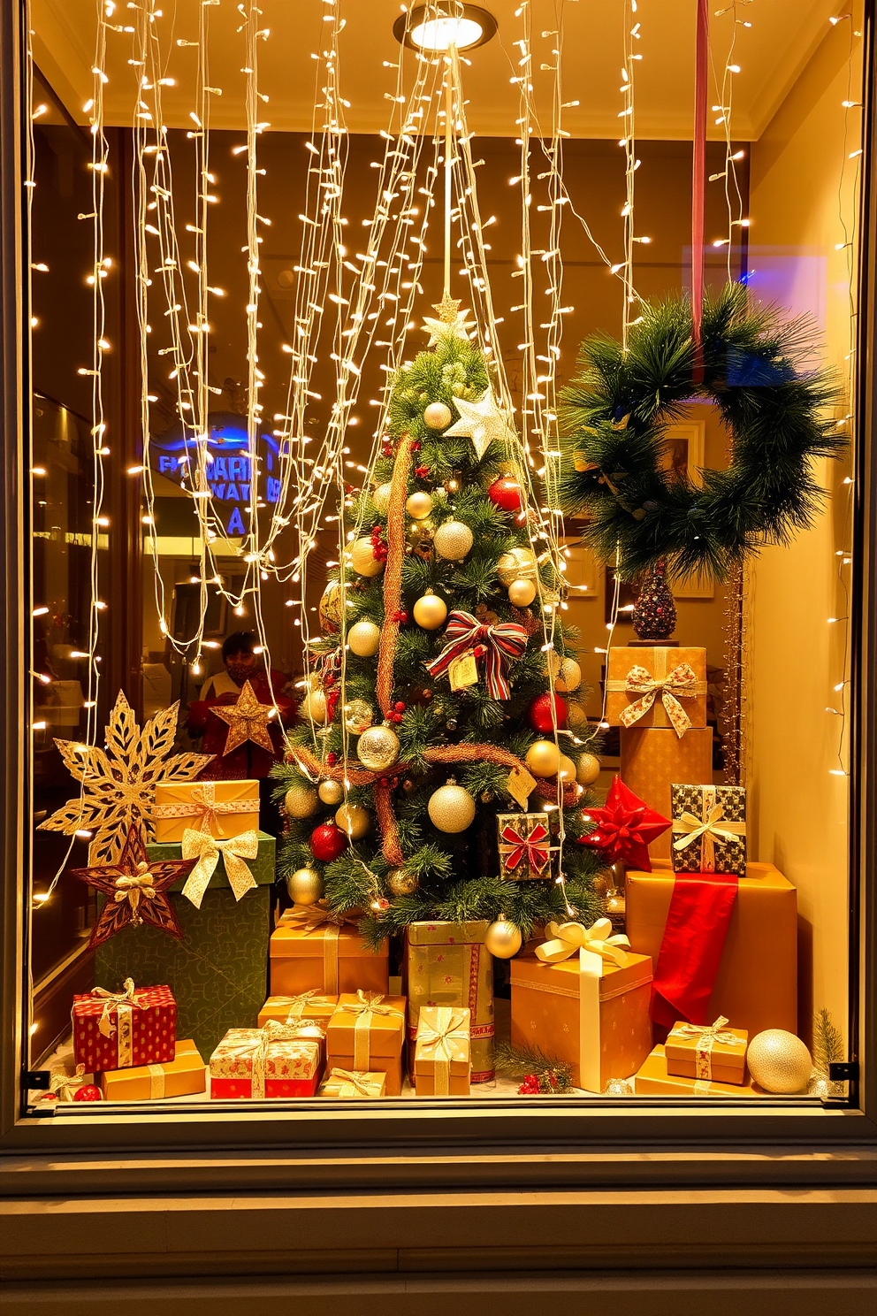 Create a festive window display featuring twinkling lights and elegant decorations. The scene includes a beautifully adorned Christmas tree, surrounded by wrapped gifts and seasonal ornaments. Incorporate soft, warm lighting to enhance the cozy atmosphere. Add touches of greenery, such as pine garlands and wreaths, to bring a natural element to the festive display.