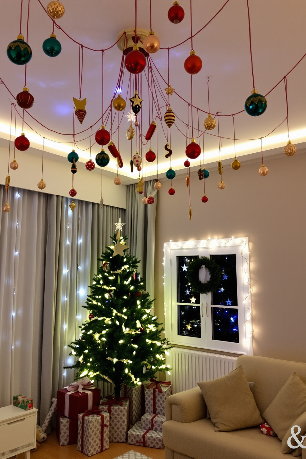 A cozy apartment living room decorated for Christmas. The ceiling is adorned with a variety of colorful ornaments hanging at different lengths, creating a festive atmosphere. A stylish tree stands in the corner, beautifully wrapped gifts are placed underneath. Soft twinkling lights illuminate the space, enhancing the holiday spirit.