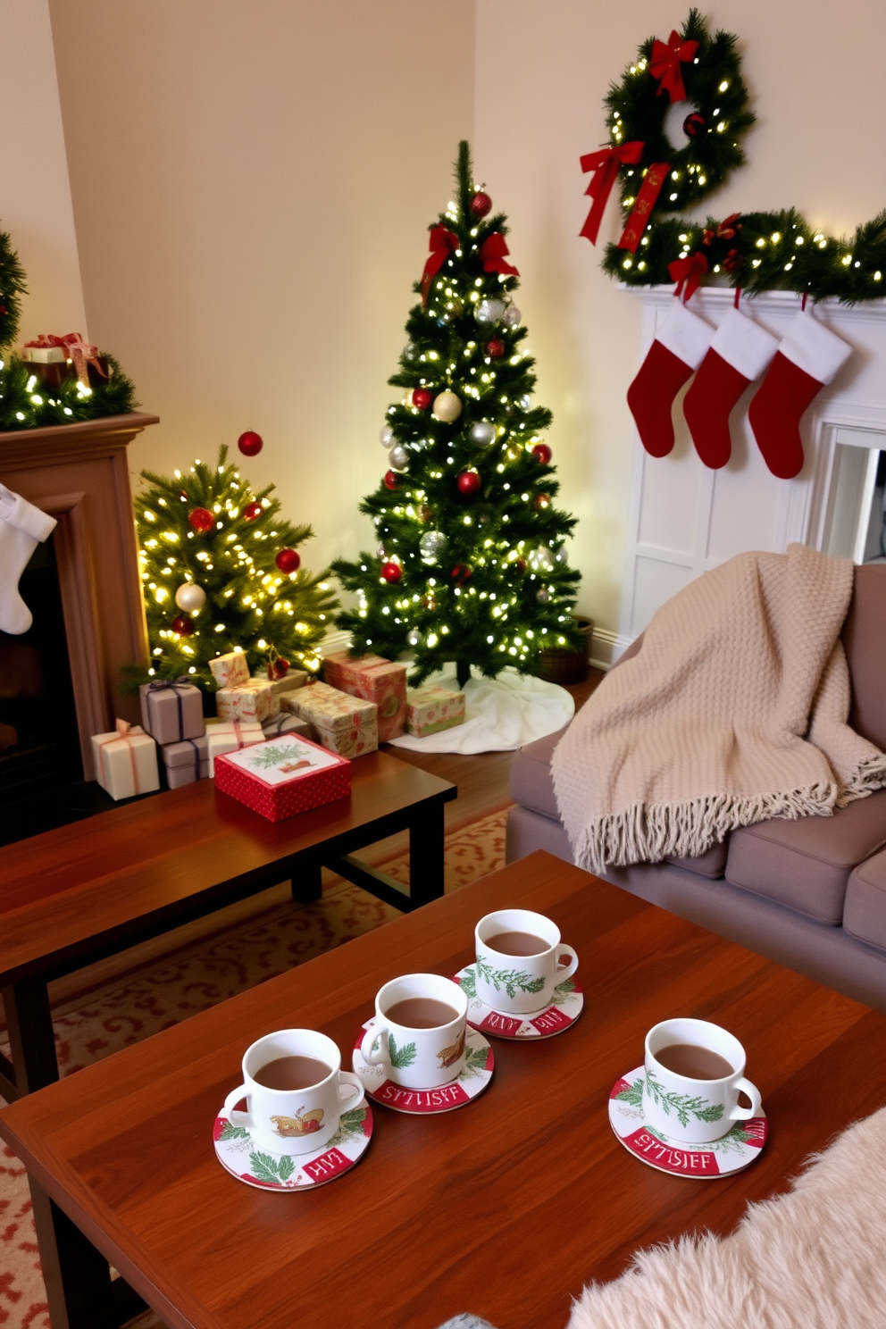 Create a cozy apartment living room decorated for Christmas. The space features a beautifully adorned Christmas tree in the corner, surrounded by wrapped gifts and twinkling lights. Festive coasters with holiday designs are placed on a wooden coffee table, holding mugs of hot cocoa. A plush throw blanket drapes over the sofa, and stockings are hung by the fireplace, adding a warm and inviting touch.