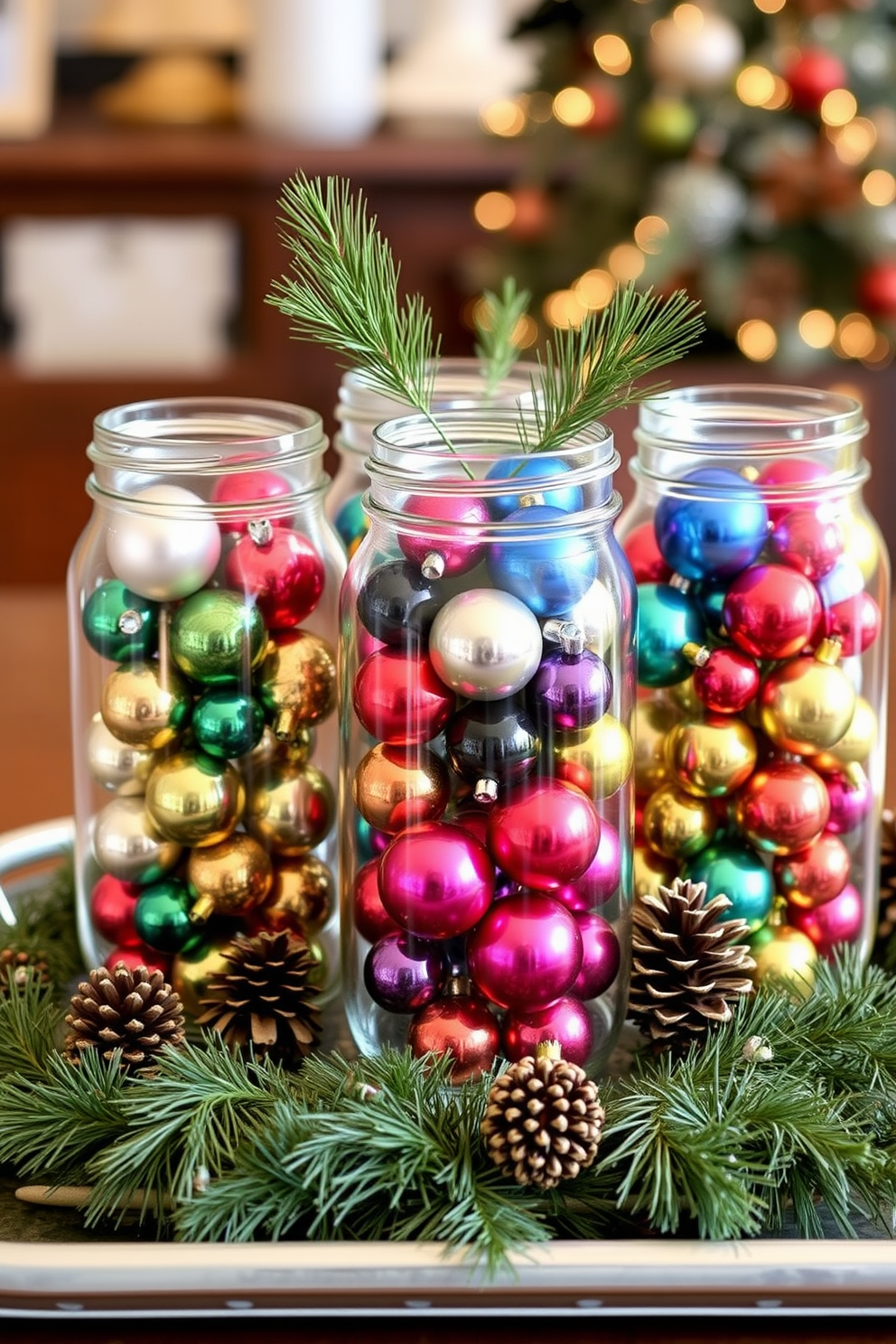 Fill jars with ornaments for centerpieces. Use a variety of colorful baubles in different sizes to create visual interest and depth. Arrange the jars on a stylish tray or table to enhance the festive atmosphere. Incorporate natural elements like pinecones or greenery for a cozy touch.