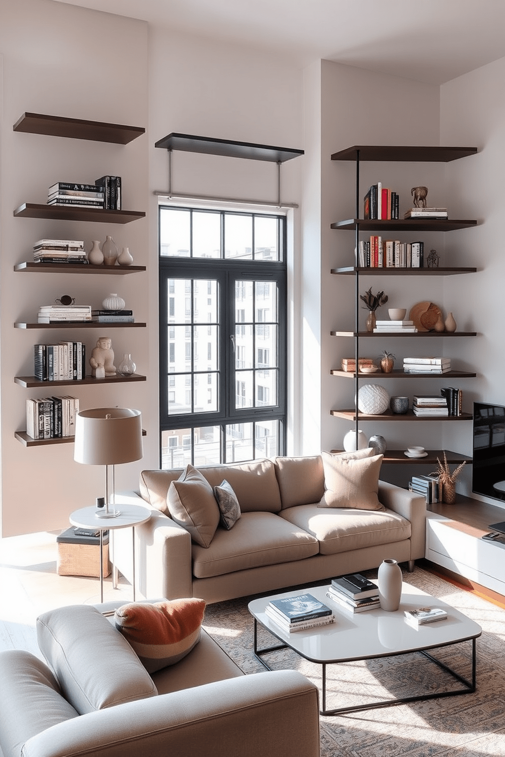 Maximize vertical space with shelves in a stylish apartment setting. The walls are adorned with sleek, floating shelves that showcase a curated collection of books and decorative items. In the living area, a cozy seating arrangement features a plush sofa and a chic coffee table. Large windows allow natural light to flood the space, enhancing the airy atmosphere.