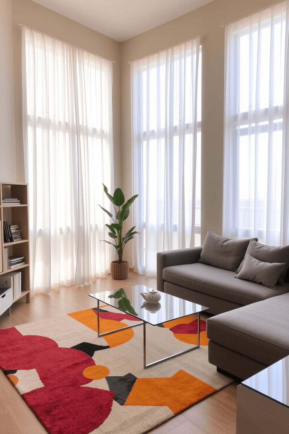 A modern apartment living room with large windows dressed in sheer white curtains that gently diffuse natural light. The space features a plush gray sectional sofa paired with a sleek glass coffee table and a vibrant abstract rug that adds a pop of color. In the corner, a tall indoor plant brings life to the room, while a minimalist bookshelf against the wall showcases curated decor items. The walls are painted in a soft beige hue, creating a warm and inviting atmosphere throughout the apartment.