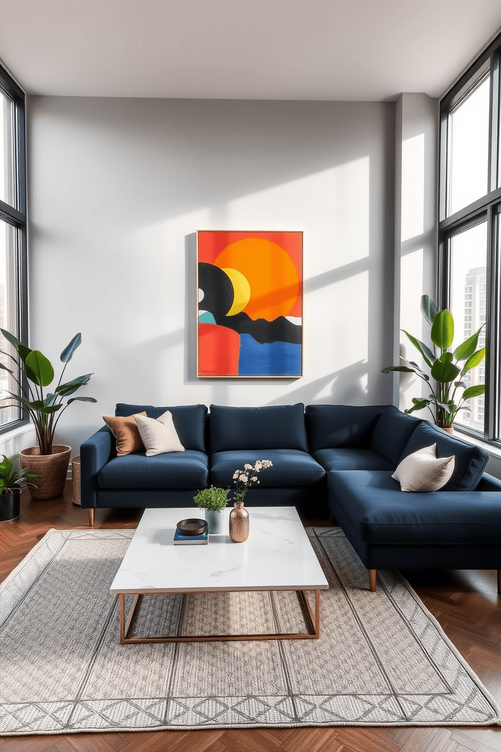 A modern apartment living room featuring bold artwork as the focal point. The walls are painted in a soft gray, allowing the vibrant colors of the artwork to stand out. A sleek sectional sofa in a deep navy blue is positioned opposite a minimalist coffee table. Large windows allow natural light to flood the space, enhancing the overall ambiance. A stylish area rug with geometric patterns lies beneath the coffee table, adding warmth to the room. Potted plants in the corners introduce a touch of greenery, complementing the artwork beautifully.