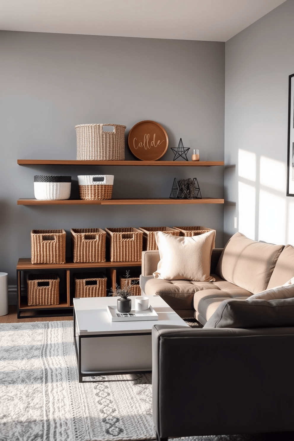 A stylish apartment living room featuring decorative baskets for organization. The baskets are placed on a sleek wooden shelf, complementing the modern decor and providing a functional yet aesthetic storage solution. The walls are painted in a soft gray hue, enhancing the room's brightness. A cozy sectional sofa with plush cushions faces a minimalist coffee table, creating an inviting atmosphere for relaxation and socializing.