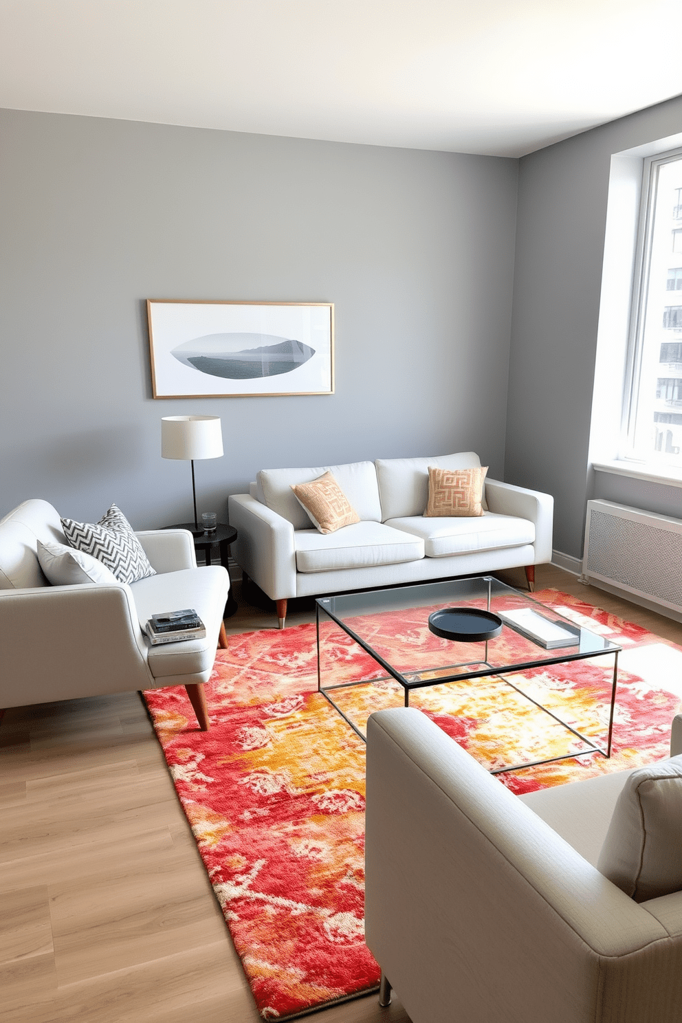 A stylish apartment living room featuring a light-colored sofa with exposed wooden legs. A glass coffee table sits in front, complemented by a sleek armchair with a minimalist design. The walls are painted in a soft gray, creating a calm atmosphere. A large window allows natural light to flood the space, highlighting a vibrant area rug beneath the furniture.