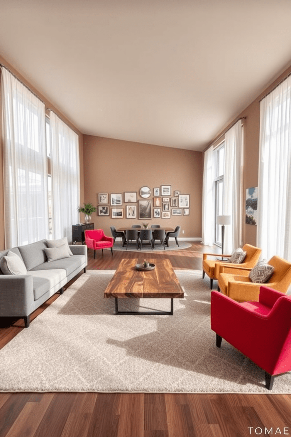 A spacious open concept living area featuring a modern sectional sofa in a soft gray fabric. The room is anchored by a large area rug with geometric patterns, and natural light floods in through expansive windows adorned with sheer white curtains. A sleek coffee table made of reclaimed wood sits at the center, surrounded by stylish accent chairs in vibrant colors. The walls are painted in a warm beige tone, complemented by a gallery of framed art pieces that add personality to the space.