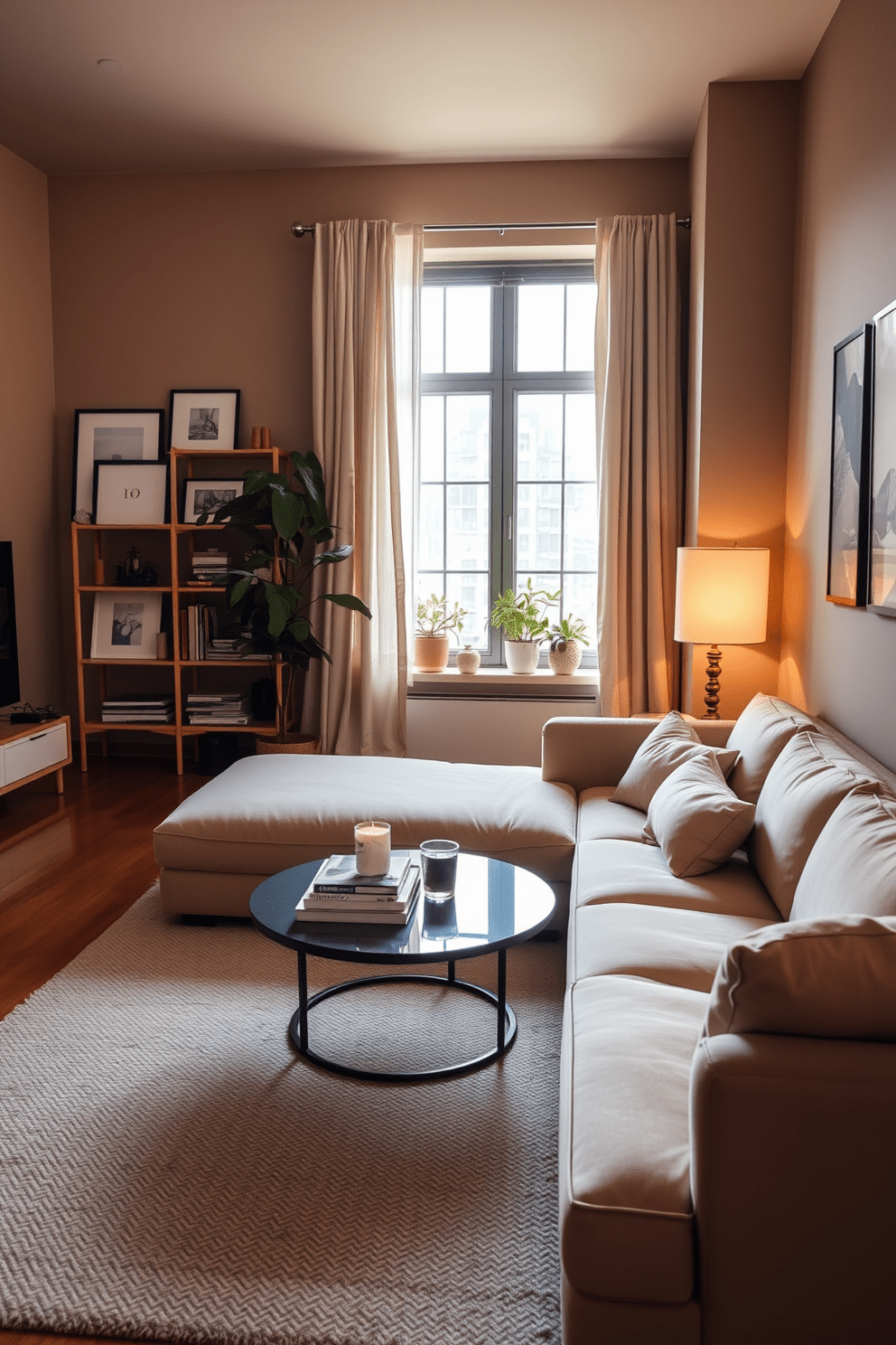 A cozy apartment living room featuring a plush sectional sofa in a warm beige tone. A round coffee table sits in front, adorned with a stack of art books and a decorative candle. The walls are painted in a soft taupe, creating a welcoming atmosphere. A large window dressed with sheer curtains allows natural light to filter in, enhancing the warm lighting throughout the space. In one corner, a tall bookshelf filled with curated art pieces and plants adds character. A textured area rug anchors the seating area, inviting relaxation and comfort.