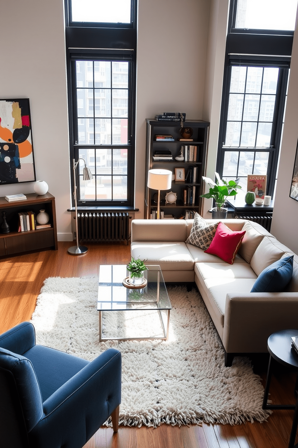 A modern apartment living room featuring a sleek sectional sofa in a neutral tone paired with a vibrant accent chair. A glass coffee table sits atop a plush area rug, and large windows allow natural light to fill the space. The walls are adorned with abstract art that adds a pop of color, while a stylish bookshelf showcases curated decor items. A cozy reading nook is created by placing a floor lamp next to a comfortable armchair in the corner.