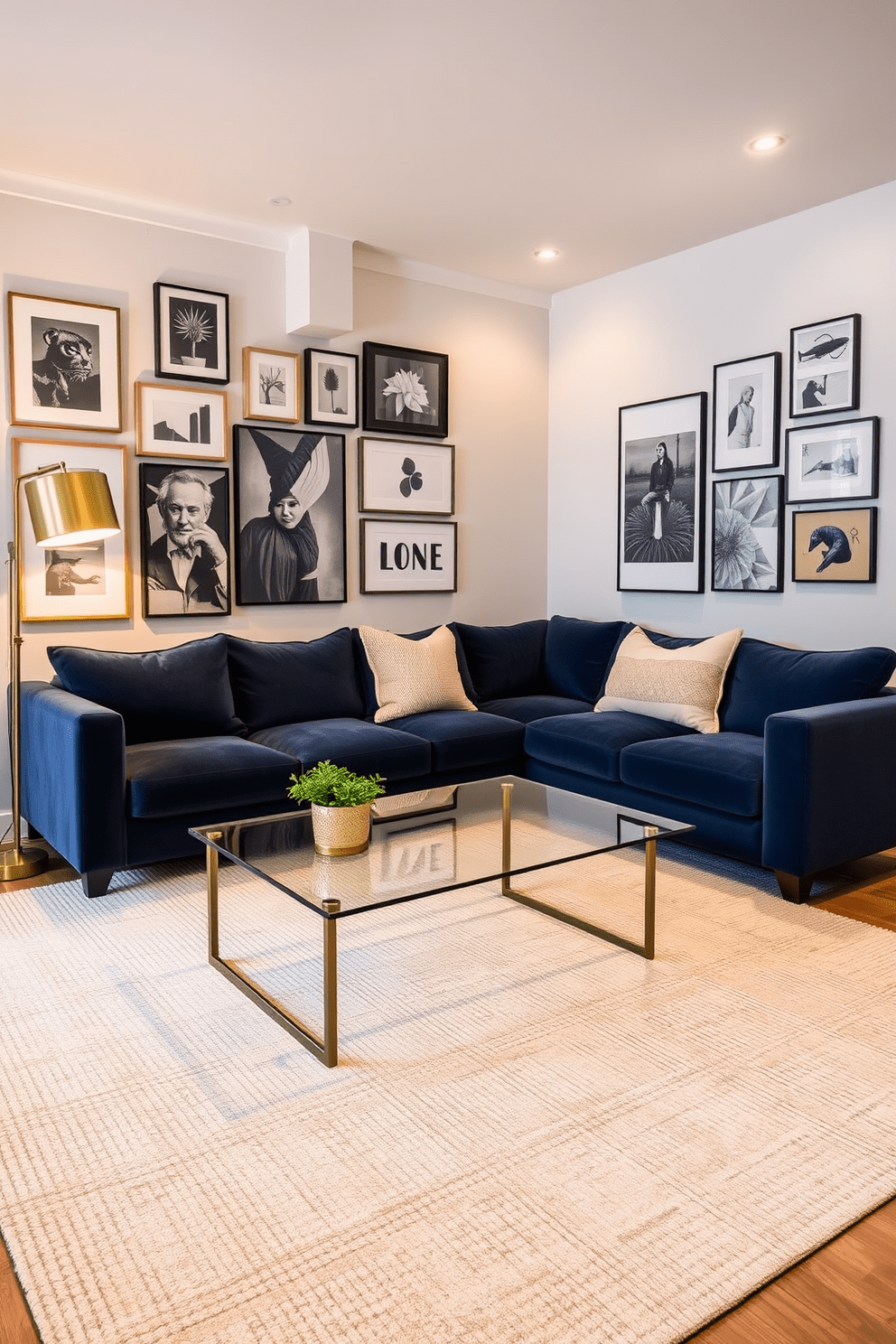 A modern apartment living room featuring a plush sectional sofa in a deep navy blue fabric. The room is accented with a glass coffee table and a textured area rug in soft cream tones. Incorporate a gallery wall with framed art pieces in various sizes and styles to create visual interest. A statement floor lamp with a brass finish stands beside the sofa, illuminating the space with warm light.