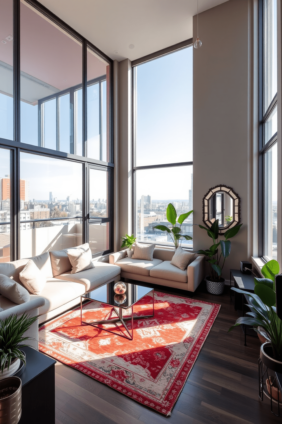 A stylish apartment living room featuring large floor-to-ceiling windows that flood the space with natural light. The room includes a plush sectional sofa in a neutral tone, complemented by a sleek glass coffee table and a vibrant area rug. Incorporate a large decorative mirror on one wall to enhance the sense of openness and reflect the view outside. The walls are painted in a soft gray, and potted plants add a touch of greenery to the modern aesthetic.