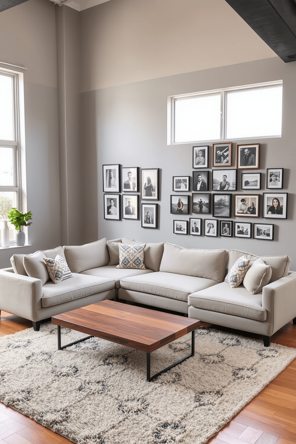 A stylish apartment living room featuring a gallery wall of personal photos that adds a personal touch to the space. The walls are painted in a soft gray, and a comfortable sectional sofa in a light fabric faces a sleek coffee table made of reclaimed wood. On the opposite wall, a variety of framed photographs in different sizes are arranged in a cohesive layout, showcasing cherished memories. A plush area rug in neutral tones anchors the seating area, while large windows allow natural light to flood the room, enhancing the inviting atmosphere.