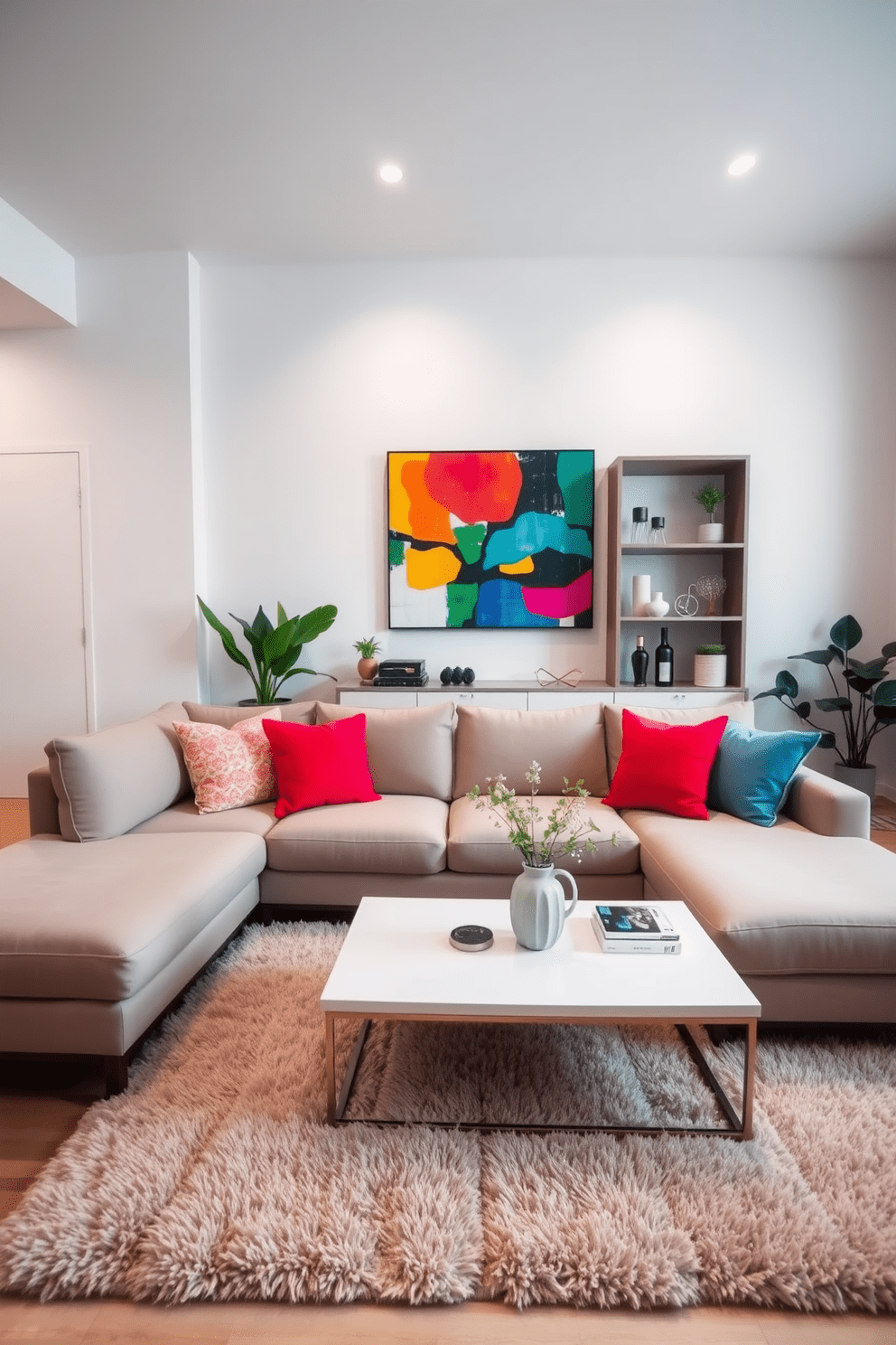 A stylish apartment living room featuring a neutral color palette with a large sectional sofa and a sleek coffee table. Bright throw pillows in vibrant colors are scattered across the sofa, and a colorful abstract painting hangs on the wall. The space includes a modern bookshelf filled with decorative items and plants, adding warmth and personality. A plush area rug in a bold hue anchors the seating area, creating an inviting atmosphere.