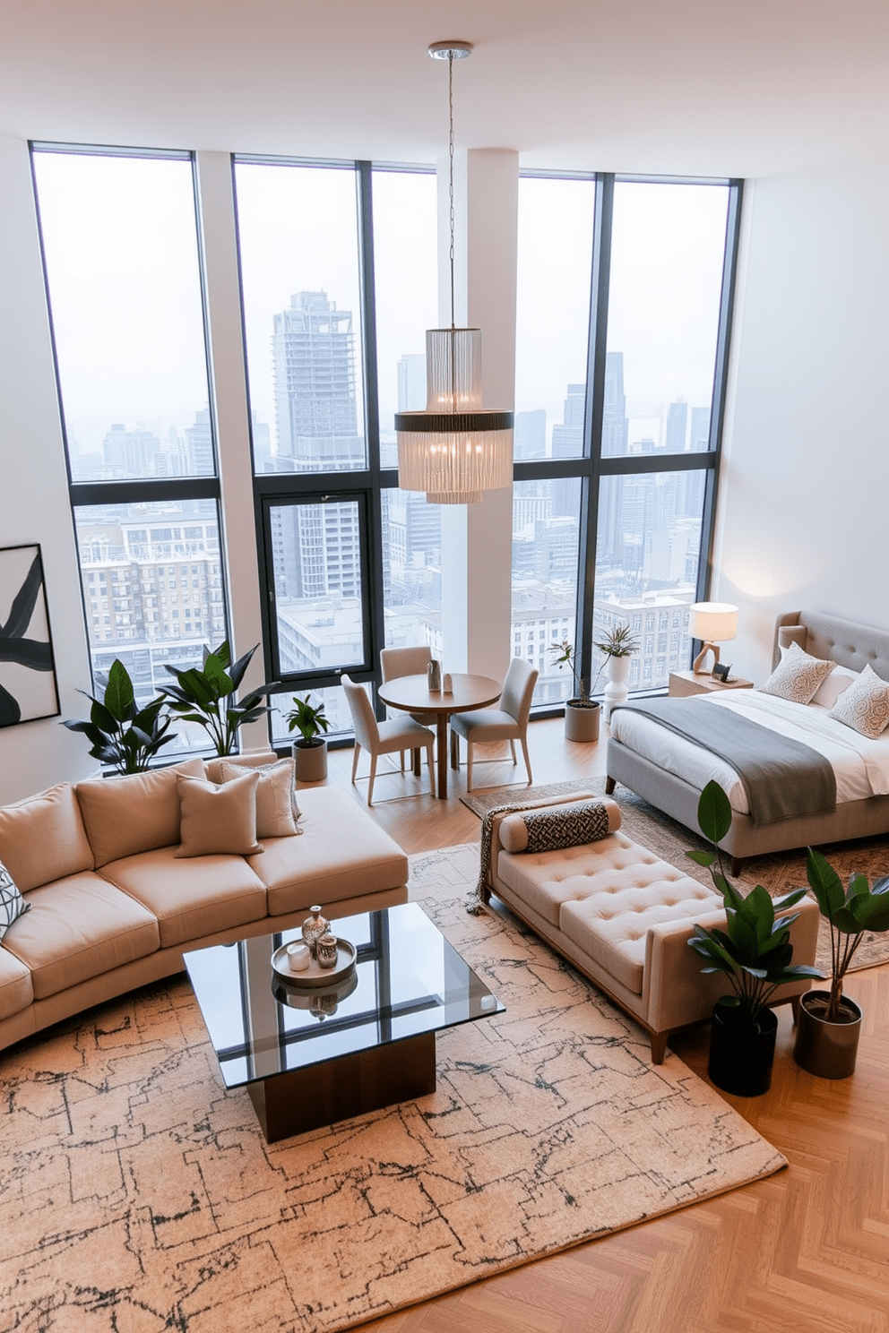 A modern apartment living room featuring a plush sectional sofa in a neutral tone paired with a sleek glass coffee table. The walls are adorned with abstract art pieces, and a stylish area rug anchors the seating arrangement, while large windows allow natural light to flood the space. A cozy dining area adjacent to the living room includes a wooden dining table surrounded by upholstered chairs. A statement chandelier hangs above the table, and potted plants in the corners add a touch of greenery to the urban setting. The bedroom showcases a minimalist design with a king-sized bed dressed in soft linens and decorative throw pillows. A pair of nightstands with modern lamps flank the bed, and a large window offers a serene view of the city skyline.