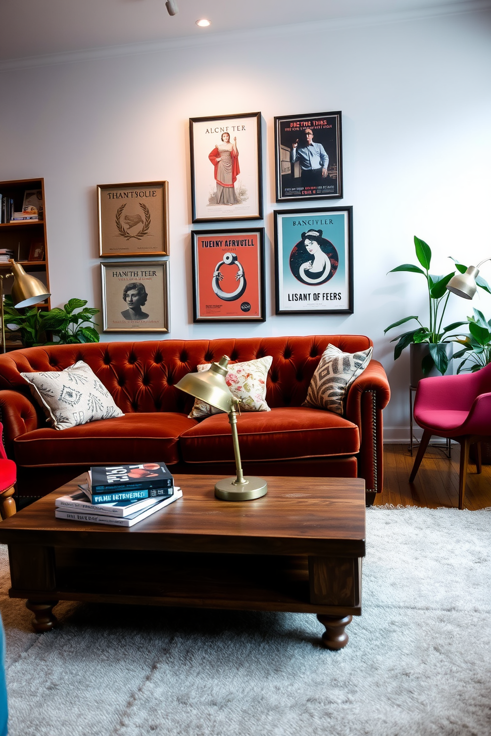 A stylish apartment living room that features a mix of vintage and modern furniture. An elegant tufted sofa in rich velvet is paired with a rustic wooden coffee table adorned with a stack of art books and a vintage brass lamp. On one side, a mid-century armchair adds a pop of color, while a gallery wall of framed vintage posters creates visual interest. The space is completed with a soft area rug and potted plants that bring a touch of nature indoors.