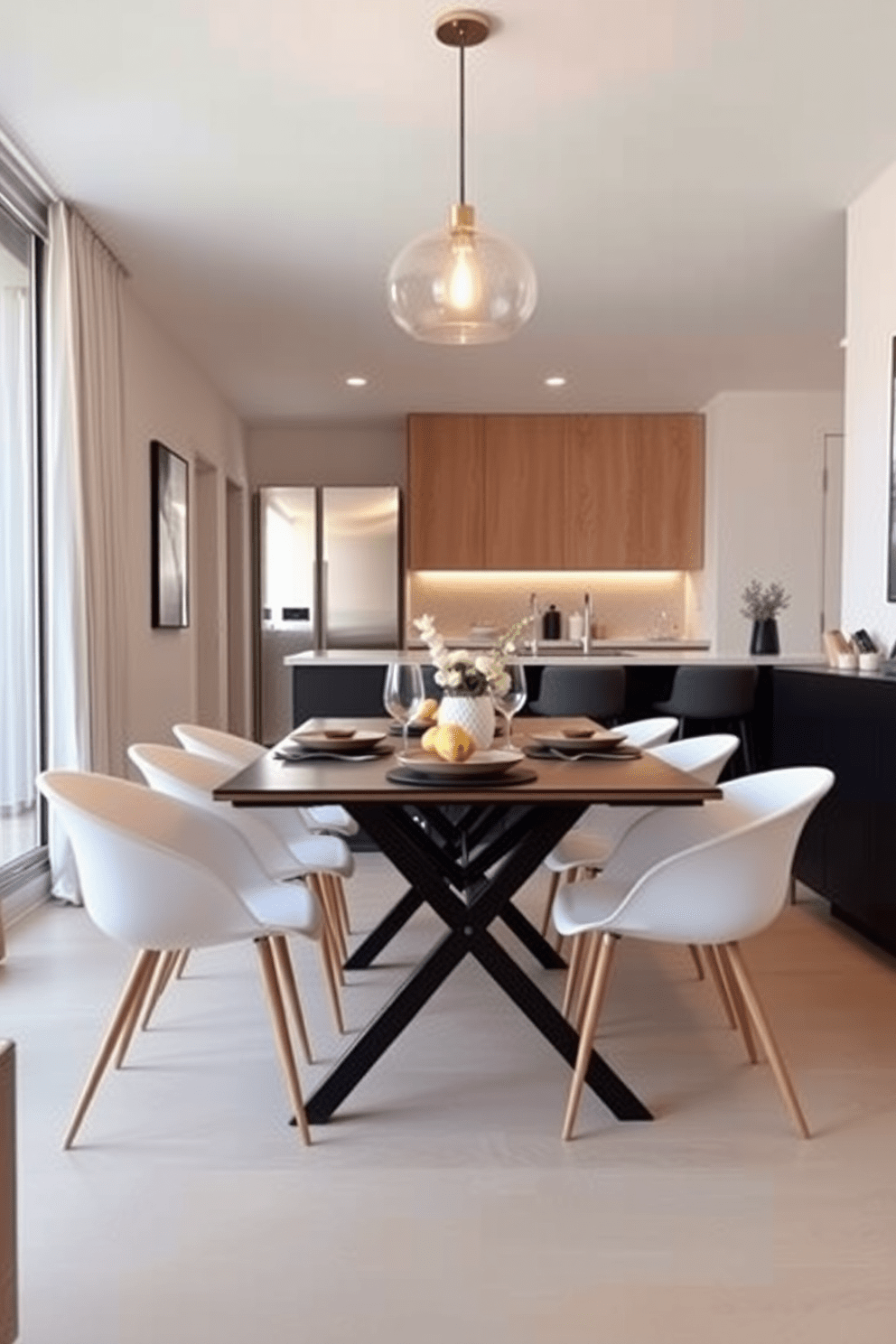 A modern apartment dining area features a sleek foldable dining table that can easily accommodate both intimate dinners and larger gatherings. The table is surrounded by stylish, minimalist chairs that complement the overall aesthetic of the space. The walls are painted in a soft neutral tone, enhancing the natural light that floods the room. A statement pendant light hangs above the table, adding warmth and character to the dining experience.