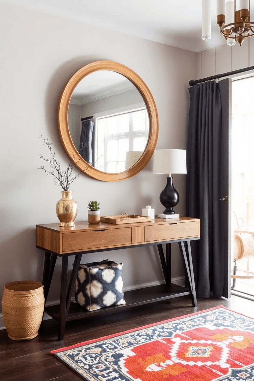 Create a welcoming entryway with decor that features a stylish console table against the wall. Above the table, hang a large round mirror framed in natural wood to enhance the space's brightness and depth. Add a vibrant area rug that complements the color scheme and provides warmth underfoot. Place a few decorative items such as a small potted plant and a chic lamp on the console table to create an inviting atmosphere.