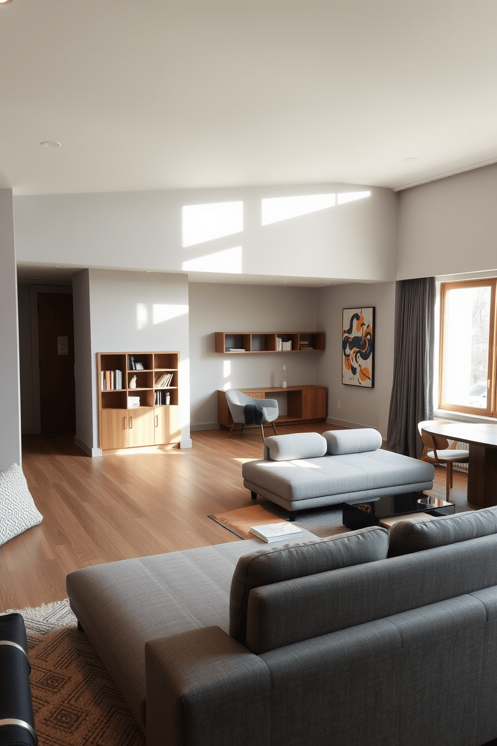 A modern apartment living room featuring a sleek sofa that converts into a bed for guests. The space includes a stylish coffee table with hidden storage and a dining table that folds down when not in use. The walls are painted in a soft gray tone, complementing the warm wood accents throughout the room. Large windows allow natural light to flood the space, highlighting a cozy reading nook with a compact bookshelf and a comfortable chair.