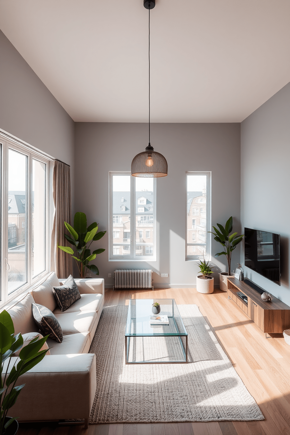 A modern apartment living space with large windows allowing natural light to stream in. The walls are painted in a soft gray, and a cozy sectional sofa in a light beige color is positioned to face a sleek entertainment unit. A statement pendant light hangs above a glass coffee table, casting a warm glow on a textured area rug. Potted plants are placed in the corners, adding a touch of greenery and enhancing the inviting atmosphere.