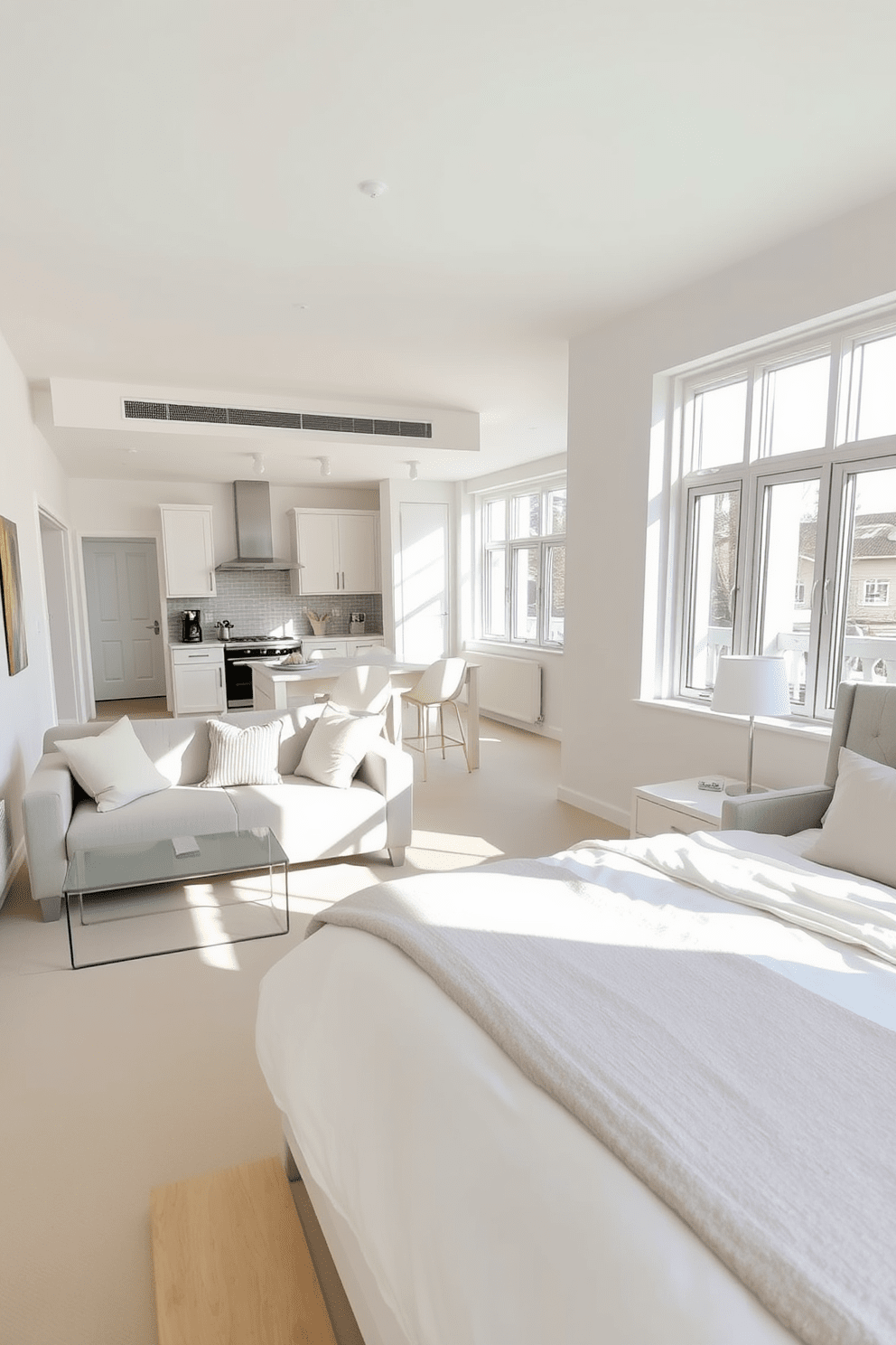 A bright and airy apartment featuring a light color palette on the walls creates a serene atmosphere. The living area includes a soft beige sofa paired with pastel-colored accent pillows and a sleek coffee table. The kitchen showcases white cabinetry with subtle gray accents and a light wood island. Large windows allow natural light to flood the space, enhancing the open and inviting feel. The bedroom includes a light gray upholstered bed with crisp white linens and a delicate throw blanket. Soft lighting from bedside lamps complements the calming color scheme, creating a cozy retreat.