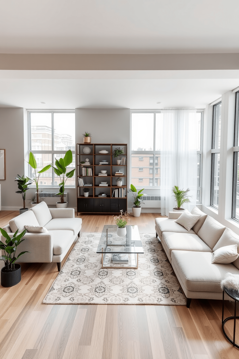 A modern apartment living room with an open floor plan. The space features a large sectional sofa in a neutral tone, complemented by a sleek glass coffee table and a statement area rug. Large windows allow natural light to flood the room, highlighting the minimalist decor. Potted plants are strategically placed in the corners, adding a touch of greenery and vibrancy to the space. The walls are painted in a soft gray, creating a calming atmosphere. A stylish bookshelf filled with decorative items and books serves as a focal point against one wall.