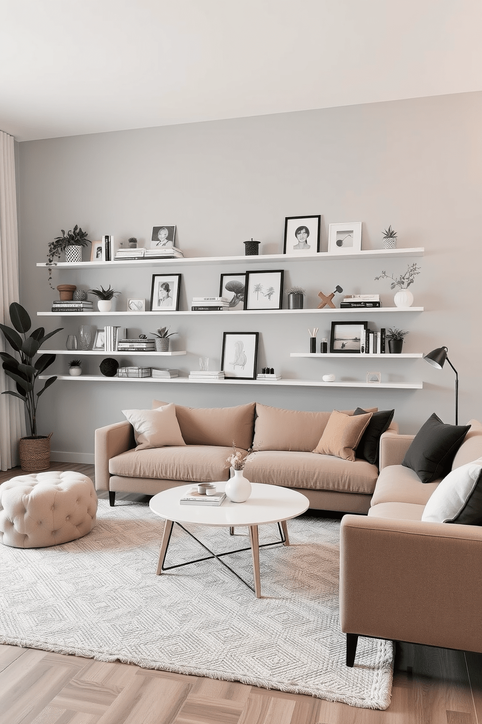 A modern apartment living room with floating shelves installed along the wall. The shelves are adorned with a mix of decorative books, plants, and art pieces to create a personalized touch. The color palette consists of soft grays and warm whites, complemented by a plush, neutral-toned sofa. A stylish coffee table sits in the center, surrounded by a cozy area rug that adds texture to the space.