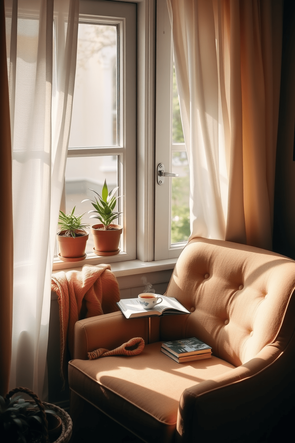 Create a cozy reading nook by the window with a plush armchair upholstered in soft fabric. A small side table holds a steaming cup of tea and a stack of books, while a warm throw blanket drapes over the armchair. The window is adorned with sheer curtains that allow natural light to filter in, creating a serene ambiance. Potted plants on the windowsill add a touch of greenery, enhancing the inviting atmosphere of the space.