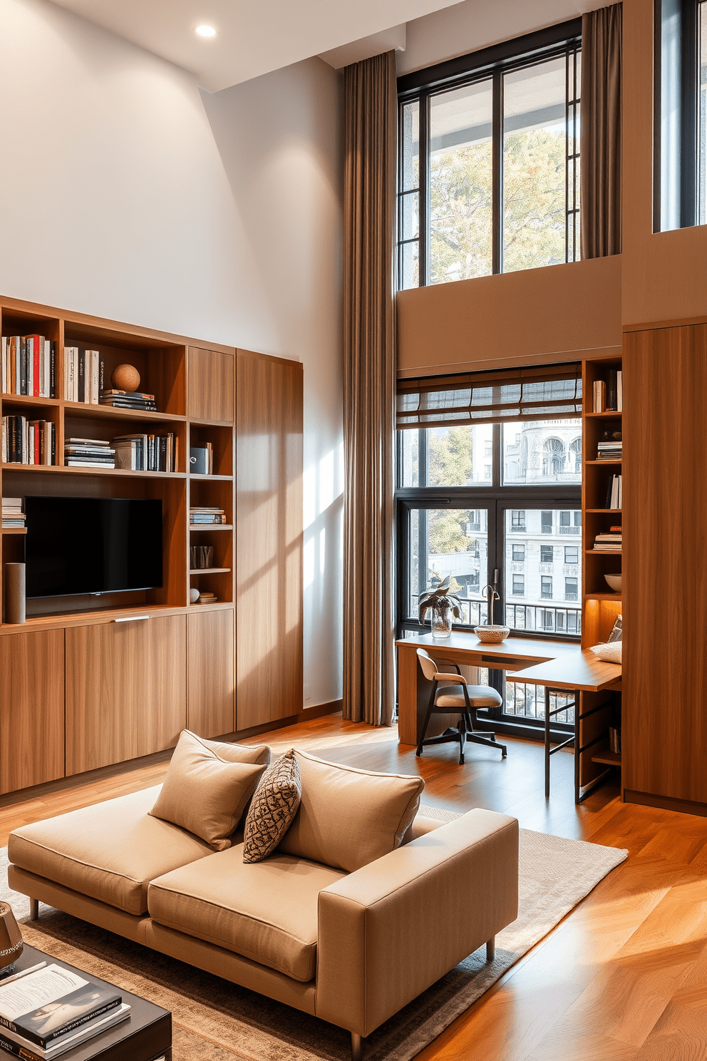 A modern apartment living room featuring built-in storage solutions that seamlessly blend with the decor. The walls are lined with sleek cabinetry, providing ample space for books and decorative items, while a cozy seating area invites relaxation. In the corner, a stylish desk area is integrated into the shelving, creating a functional workspace. Large windows allow natural light to fill the room, highlighting the warm wood tones and soft textiles used throughout the space.