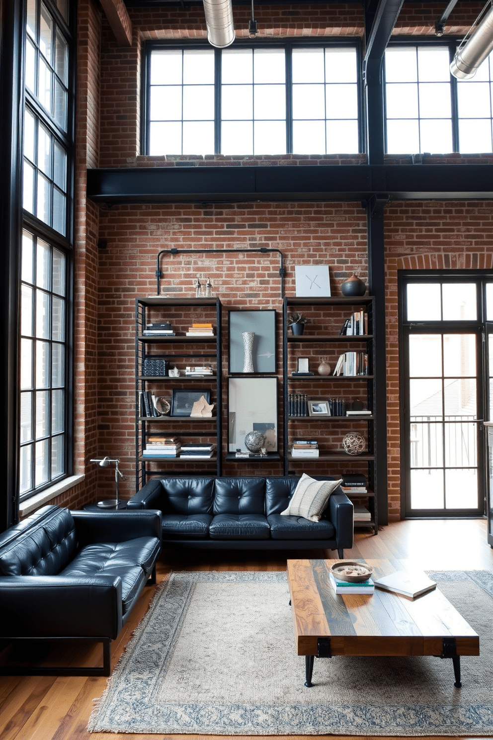 An industrial style apartment featuring exposed brick walls and large metal-framed windows. The space includes a sleek leather sofa, a reclaimed wood coffee table, and metal shelving units showcasing books and decor.