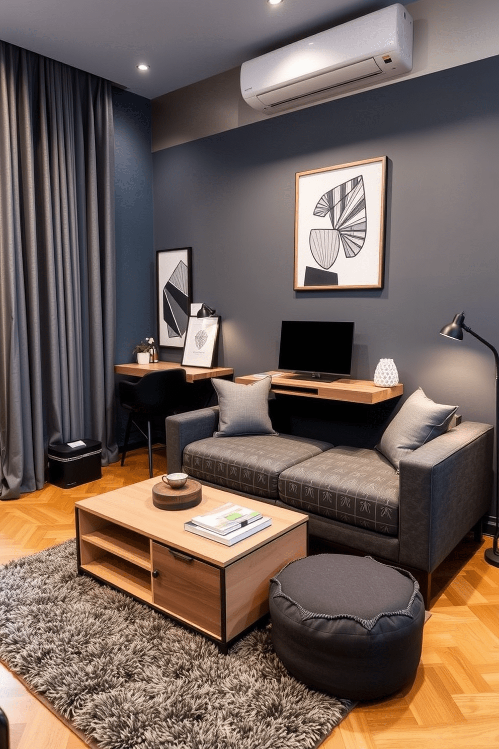 A modern apartment designed for a young man featuring a compact sofa that doubles as a bed. The living area includes a stylish coffee table with storage underneath and a wall-mounted desk for a clean workspace. The color palette consists of deep blues and grays, creating a masculine yet inviting atmosphere. Accent pieces like geometric artwork and a plush area rug add warmth and personality to the space.