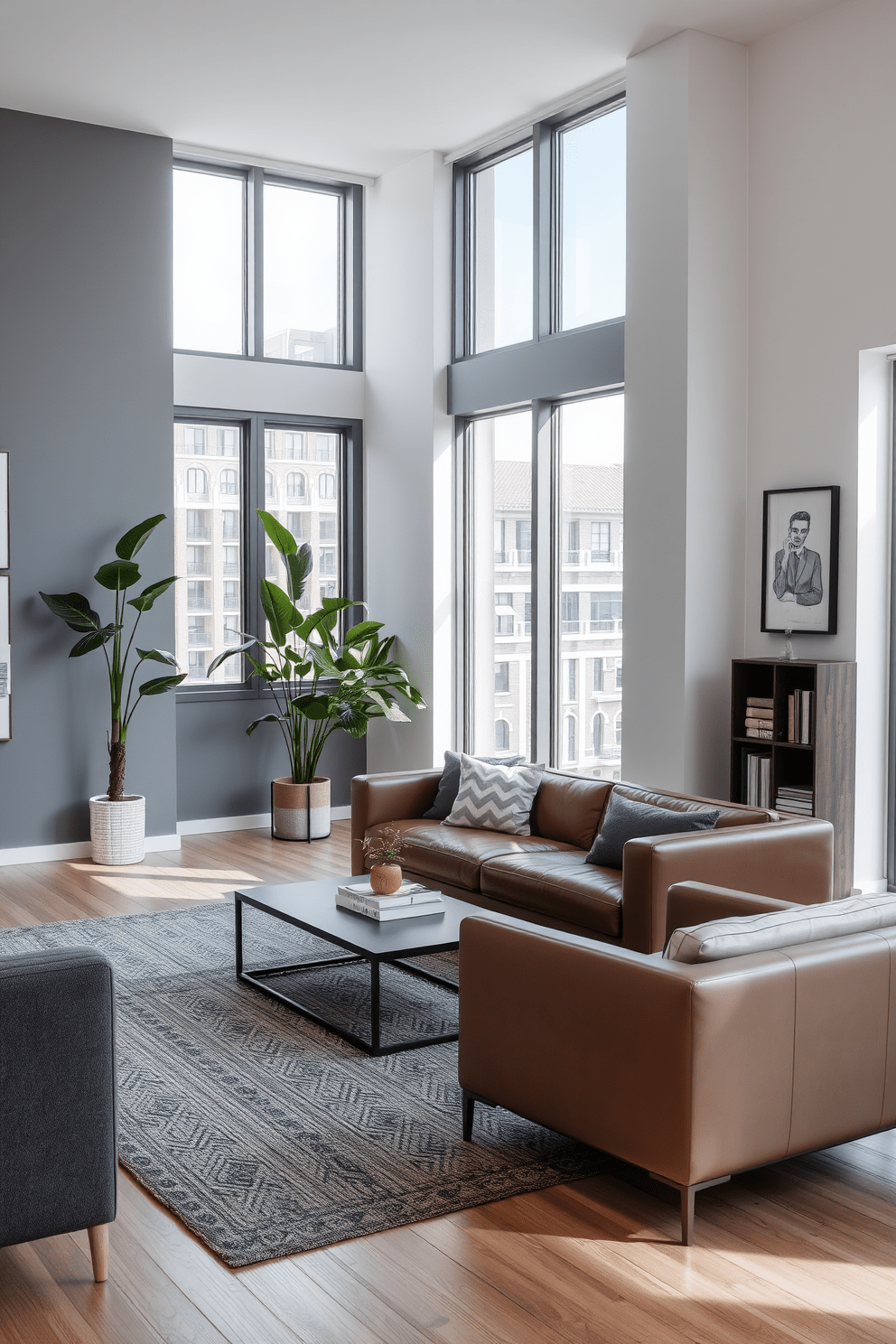 A stylish apartment designed for a modern man. The living area features a sleek leather sofa paired with a minimalist coffee table, and large windows allow natural light to flood the space. In one corner, a tall indoor plant adds a touch of greenery, complementing the neutral color palette of grays and whites. The walls are adorned with contemporary art pieces, and a cozy reading nook is created with a comfortable chair and a small bookshelf.