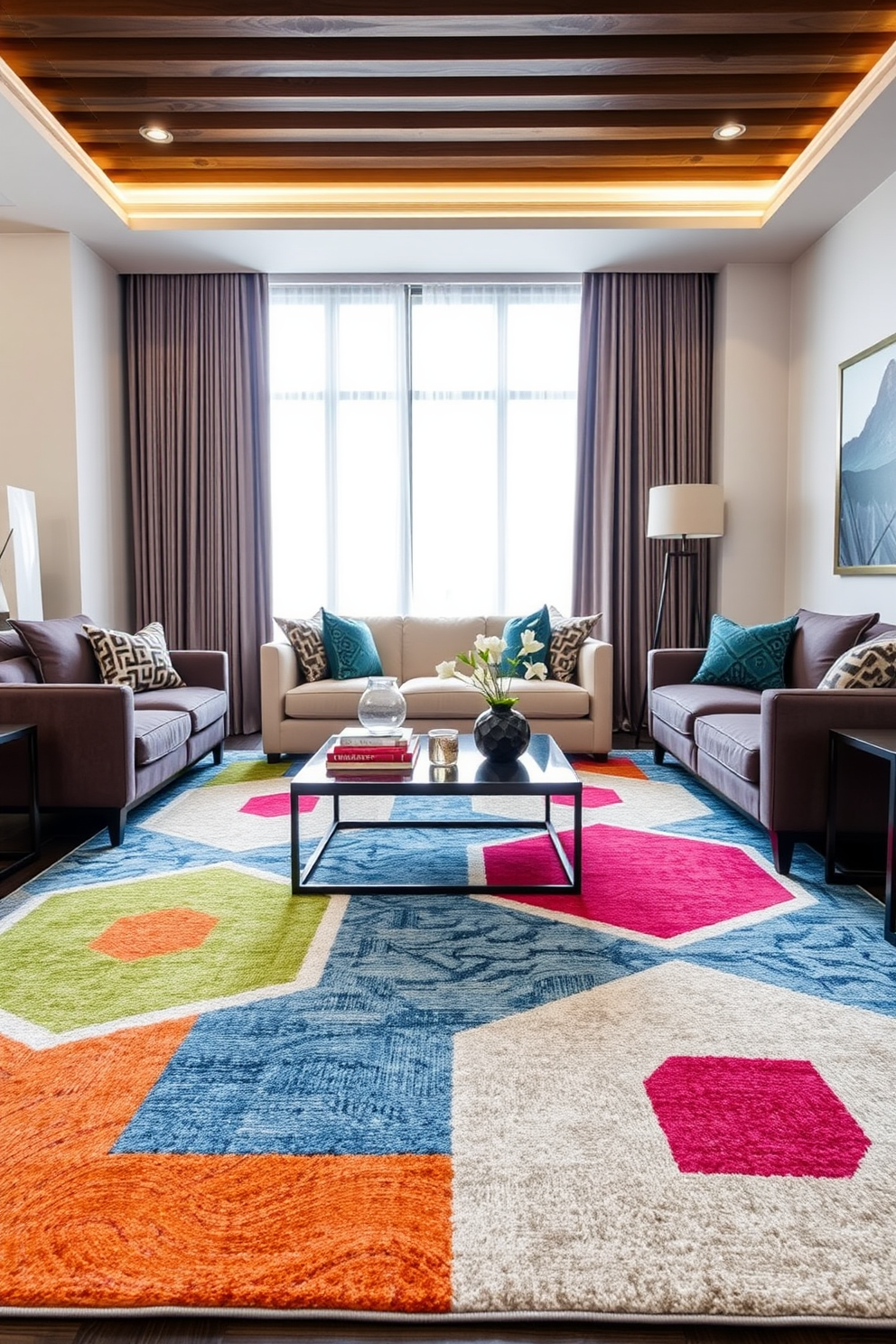 A statement rug anchors the living area, featuring bold geometric patterns in vibrant colors that draw the eye. The surrounding furniture is arranged to create a comfortable and stylish space, perfect for relaxation and entertaining. The apartment design focuses on functionality and style, incorporating sleek lines and modern furnishings tailored for a masculine aesthetic. Textured materials and rich tones add depth, while strategically placed lighting enhances the overall ambiance.