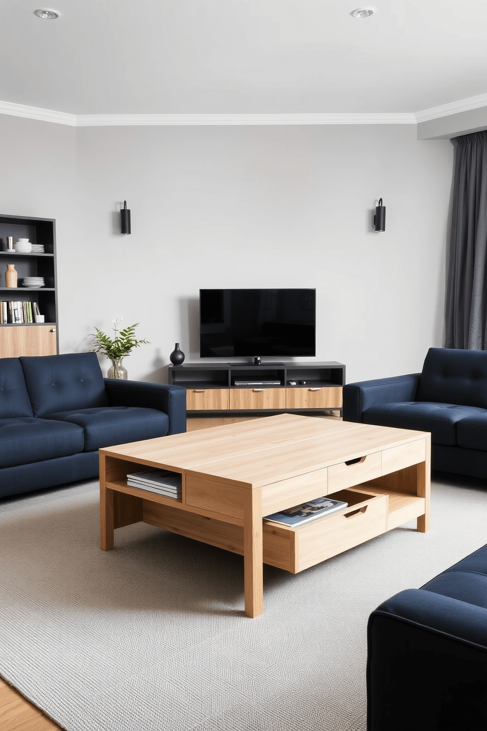 A sleek multifunctional coffee table sits in the center of the living room. It features a minimalist design with a light wood finish and hidden storage compartments for magazines and remote controls. Surrounding the table are a pair of modern, low-profile sofas in a deep navy blue fabric. The walls are painted in a soft gray tone, complemented by industrial-style lighting fixtures that add a touch of sophistication.