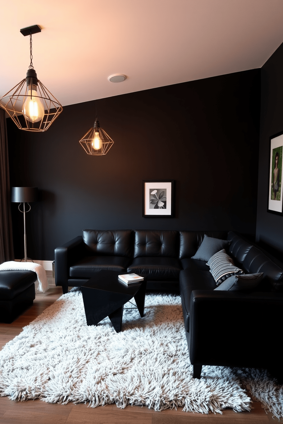 Accent wall with dark paint or wallpaper. The room features a sleek black couch paired with a geometric coffee table, creating a modern yet cozy atmosphere. Industrial-style lighting fixtures hang from the ceiling, casting warm light across the space. A plush area rug in neutral tones anchors the seating area, while framed art pieces add personality to the walls.