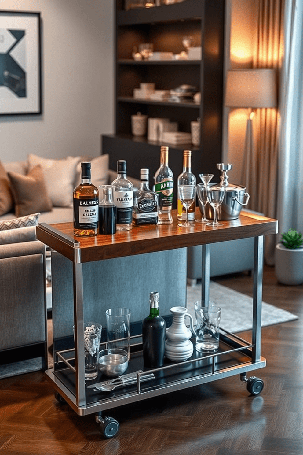 A stylish bar cart designed for entertaining guests features a sleek metal frame with a polished wood top. It is adorned with an array of premium spirits, elegant glassware, and a decorative ice bucket, creating an inviting atmosphere for social gatherings. The cart is positioned against a backdrop of a modern living room with contemporary decor. Warm ambient lighting enhances the overall aesthetic, while a few stylish coasters and a small plant add a touch of personality.