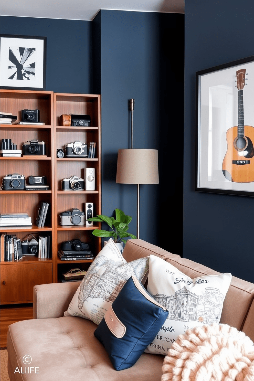 A modern apartment living room filled with personalized decor that reflects the owner's hobbies and interests. A sleek bookshelf displays a collection of vintage cameras, while a framed guitar hangs on the wall, adding a creative touch to the space. The color palette features deep blues and warm wood tones, creating a cozy yet stylish atmosphere. A plush sofa is adorned with throw pillows that showcase travel destinations, inviting relaxation and conversation.