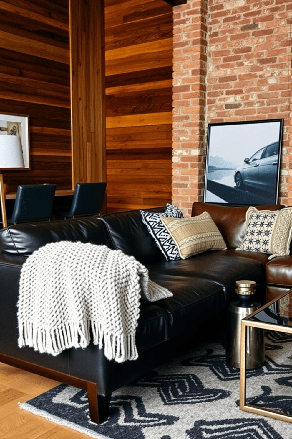 A stylish apartment featuring layered textures that create visual interest. The living area includes a mix of leather and fabric sofas, with a chunky knit throw draped over one armrest. The walls are adorned with a combination of wood paneling and exposed brick, adding depth to the space. A bold area rug anchors the seating area, while metallic accents in the decor provide a modern touch.