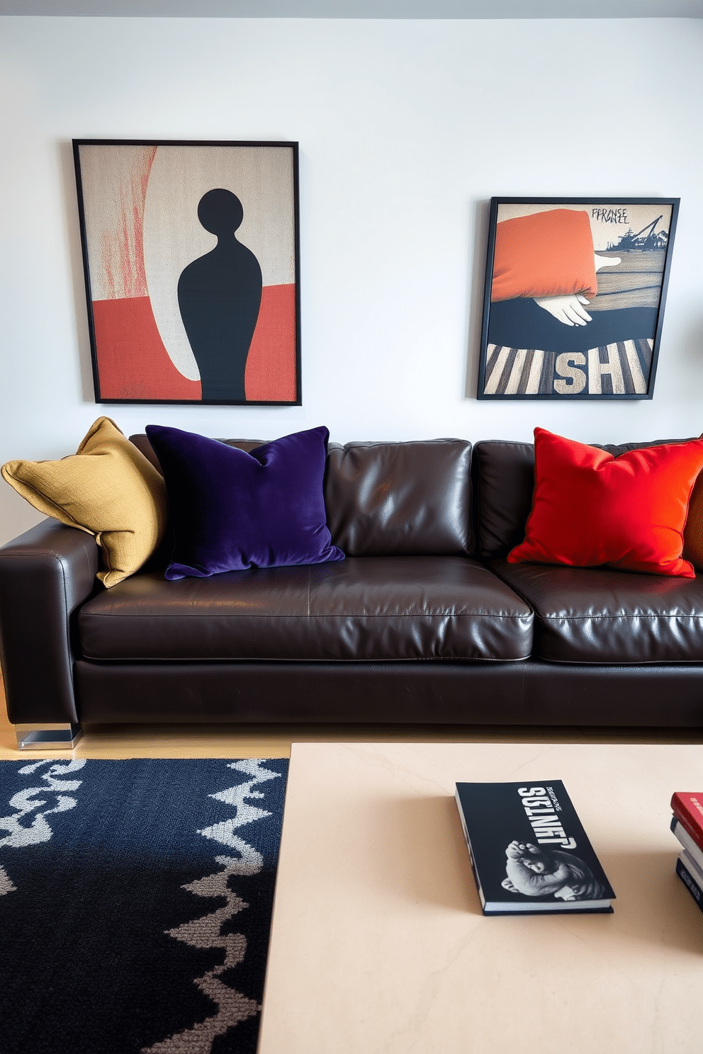 A sleek leather sofa in a modern living room is complemented by bold accent pillows in vibrant colors. The walls are adorned with contemporary artwork, and a stylish coffee table sits in front of the sofa, creating a chic yet masculine atmosphere.