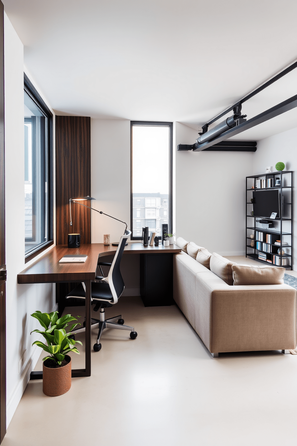 A stylish apartment designed for a young man features a creative corner desk that maximizes space while maintaining a sleek aesthetic. The desk is made of dark wood, paired with a modern ergonomic chair, and is positioned near a large window that allows natural light to flood the area. The living space is open and airy, with a minimalist design that incorporates industrial elements. A comfortable sofa in a neutral tone faces a wall-mounted TV, while a small bookshelf filled with books and decor adds personality to the room.