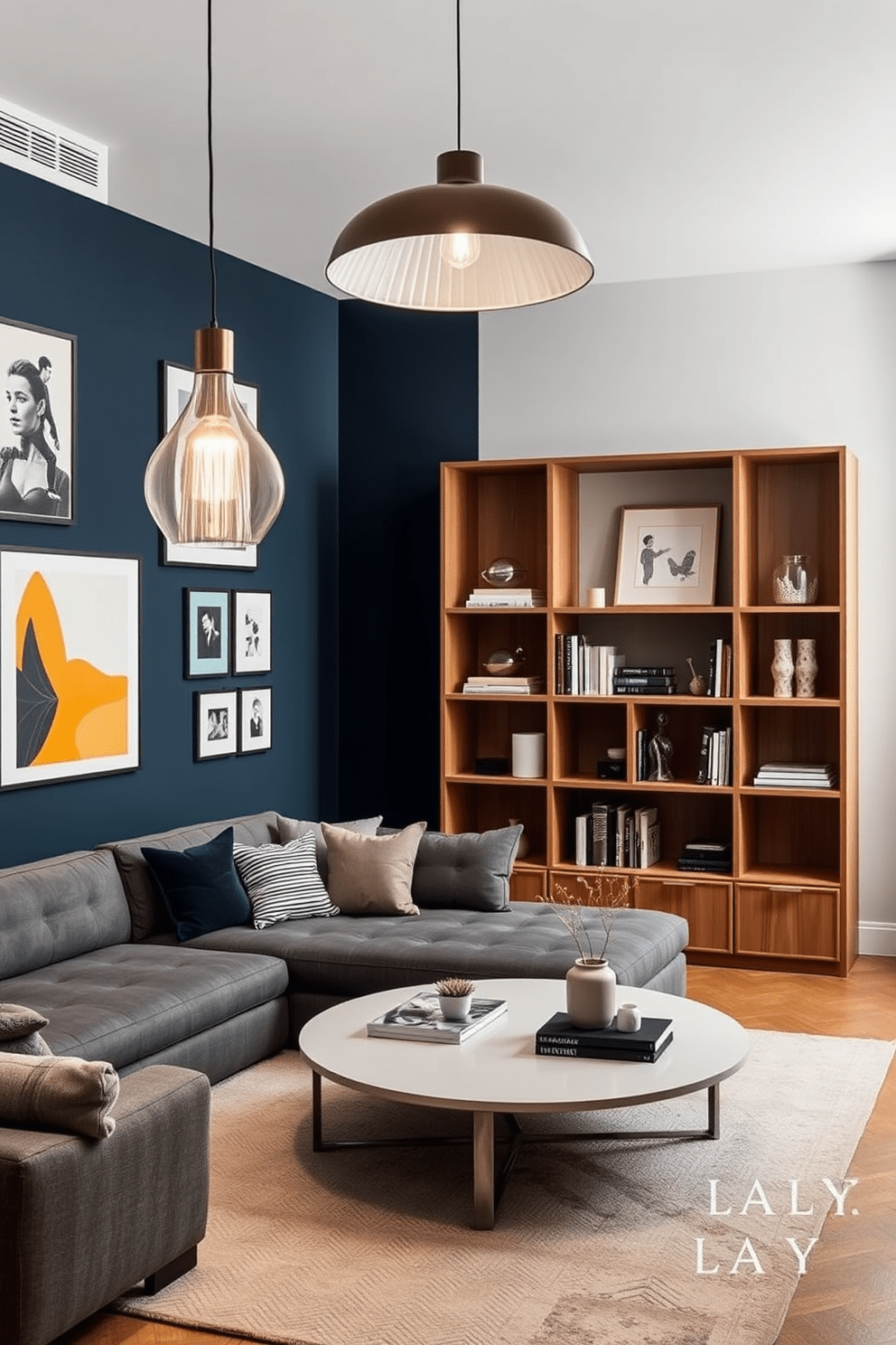 A stylish apartment designed for a modern man featuring unique light fixtures that serve as conversation starters. The space includes a sleek sectional sofa, a minimalist coffee table, and an eye-catching pendant light that hangs above the seating area. The walls are adorned with contemporary art pieces that reflect personal interests, while a wooden bookshelf showcases a curated collection of books and decor. The color palette combines deep blues and warm grays, creating a sophisticated yet inviting atmosphere.