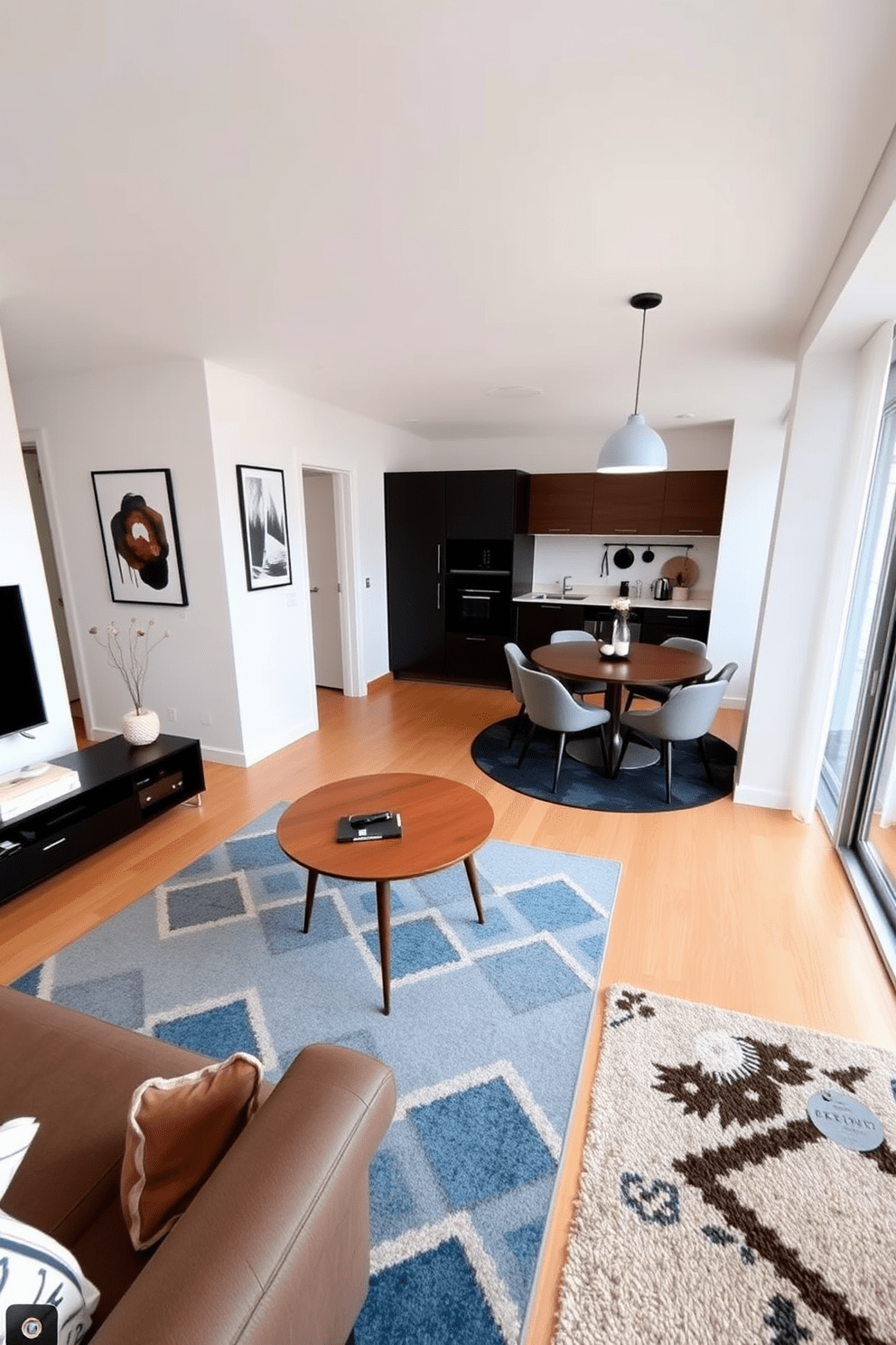 A stylish apartment featuring a cozy living area with a large area rug that anchors the seating arrangement. The rug is a bold geometric pattern in shades of blue and grey, complementing the modern furniture pieces. Adjacent to the living area, a dining nook is defined by a smaller round rug under a sleek wooden table surrounded by contemporary chairs. The kitchen area showcases a contrasting rug that adds warmth and texture, enhancing the overall design aesthetic.