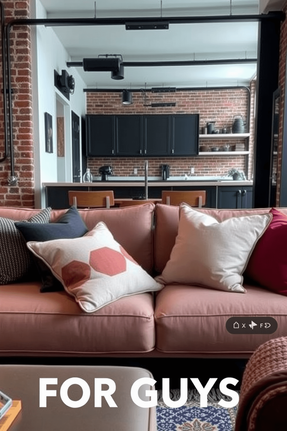 Decorative throw pillows in various textures and colors are arranged on a sleek modern sofa, adding comfort and a pop of style to the living space. The pillows feature geometric patterns and solid hues that complement the overall color scheme of the room. Apartment design ideas for guys focus on functionality and aesthetics, incorporating industrial elements like exposed brick and metal fixtures. The layout emphasizes open spaces with minimalist furniture, creating a stylish yet practical environment.