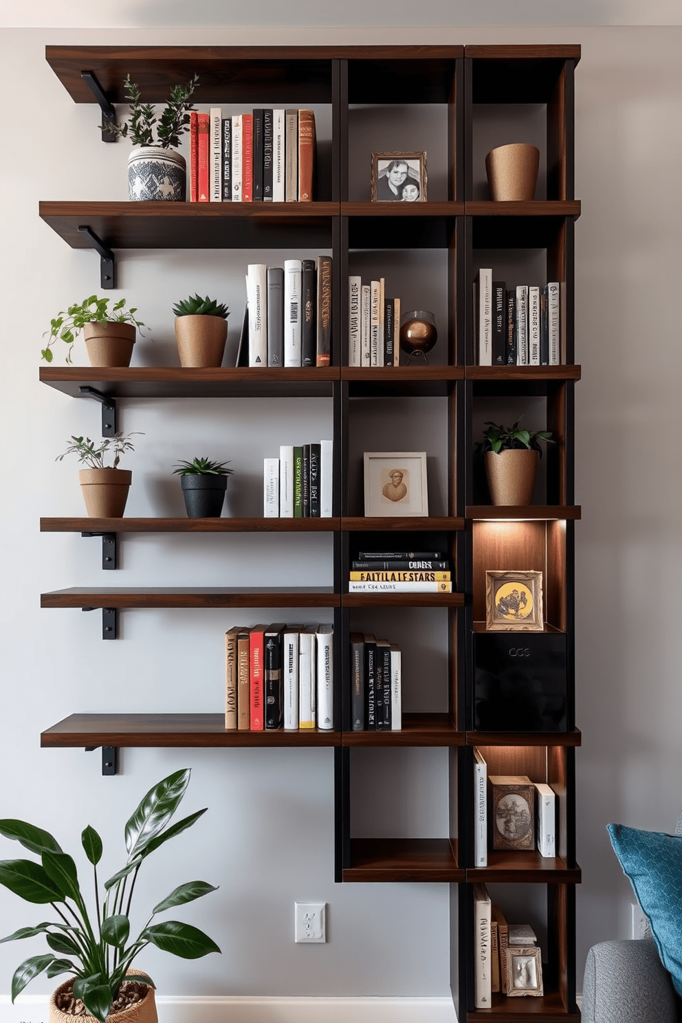 Custom built shelves line the walls of a modern apartment, showcasing a mix of books, plants, and personal memorabilia. The shelves are crafted from dark wood, providing a striking contrast against the light gray walls and enhancing the overall aesthetic of the space. Incorporated into the design are sleek metal brackets that add an industrial touch, while soft LED lighting highlights the displayed items. The layout is both functional and stylish, making it an ideal solution for personalized storage in a contemporary living environment.