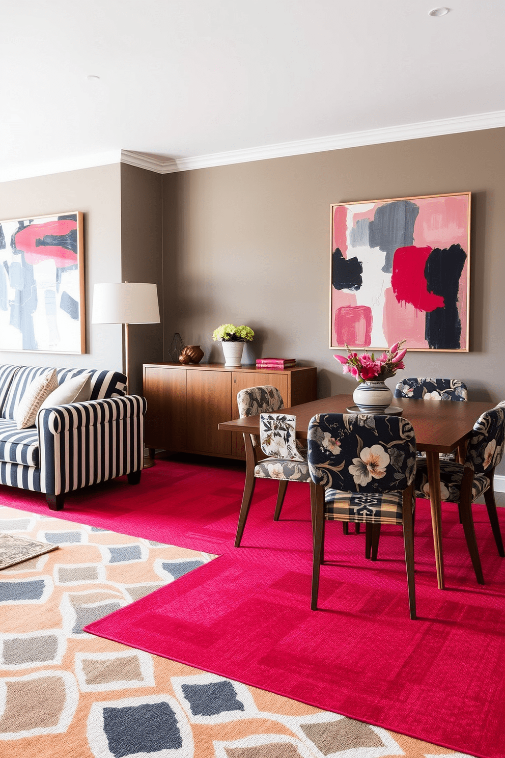 A stylish apartment designed for a modern man featuring a blend of bold patterns and textures. The living area showcases a geometric patterned rug paired with a striped sofa, creating a vibrant yet cohesive space. In the dining area, mismatched chairs with floral and plaid fabrics surround a sleek wooden table. The walls are adorned with abstract art that incorporates the same color palette, tying the room together.