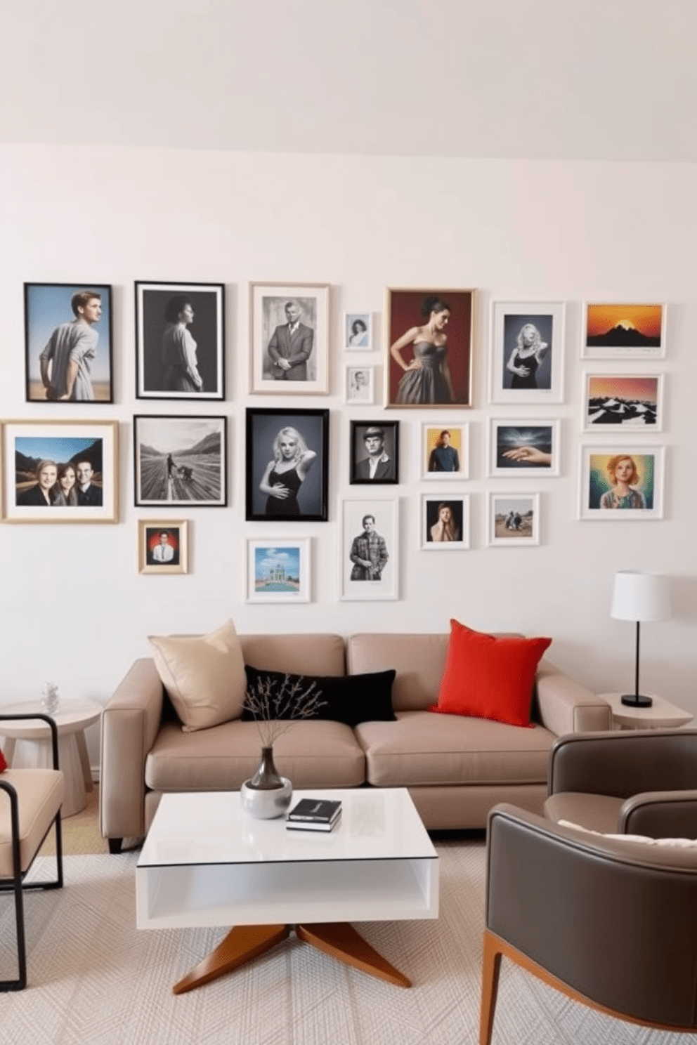 A gallery wall filled with personal art pieces showcases a diverse collection of framed photographs and paintings. The wall is painted in a soft white hue to enhance the colors of the artwork, creating a vibrant focal point in the living space. The apartment design features modern furniture with clean lines and a minimalist aesthetic. A comfortable sofa paired with a sleek coffee table and accent chairs creates an inviting atmosphere for relaxation and socializing.